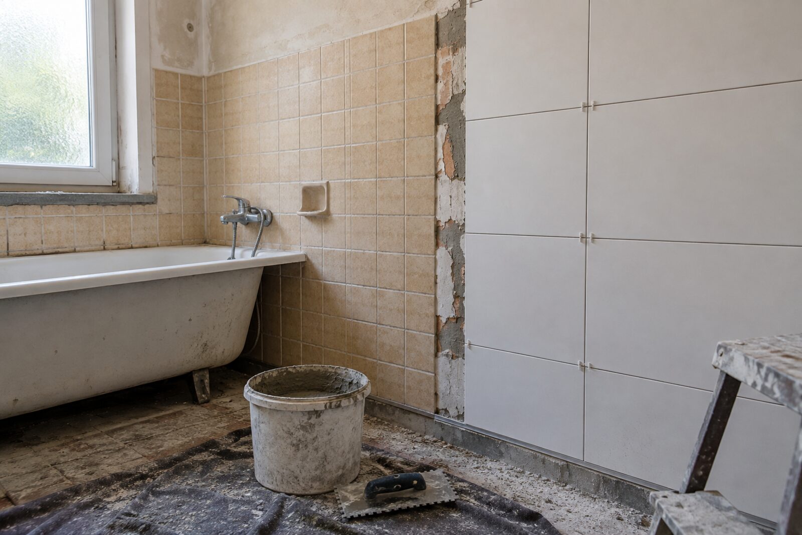 Badkamer die opnieuw betegeld wordt