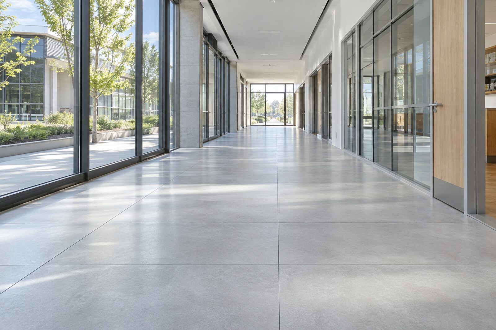 Betegelde gang in een modern utiliteitsgebouw